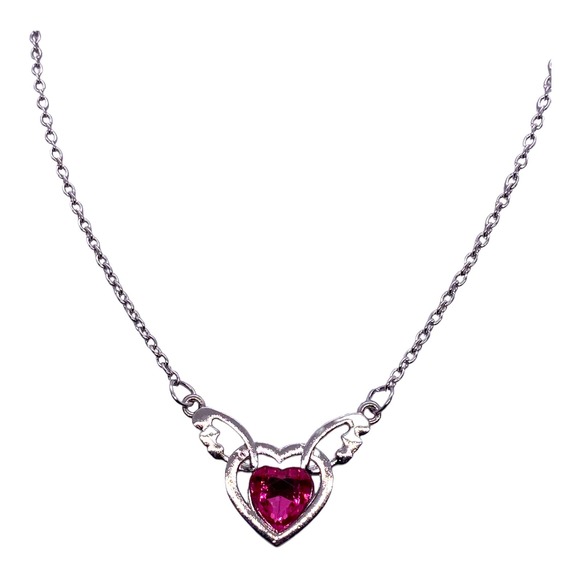Imitation Dark Pink Crystal Rhinestone Gemstone Angel Wings Heart Necklace - Picture 6 of 11